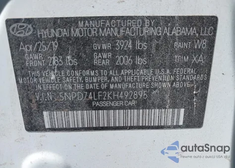 2019 Hyundai Elantra Se from USA, damaged, VIN 5NPD74LF2KH492895